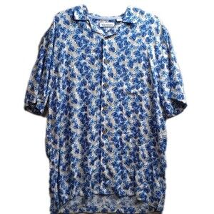 Caribbean Men's L Blue And Cream Hawaiian Collared Button Up Short Sleeve Shirt